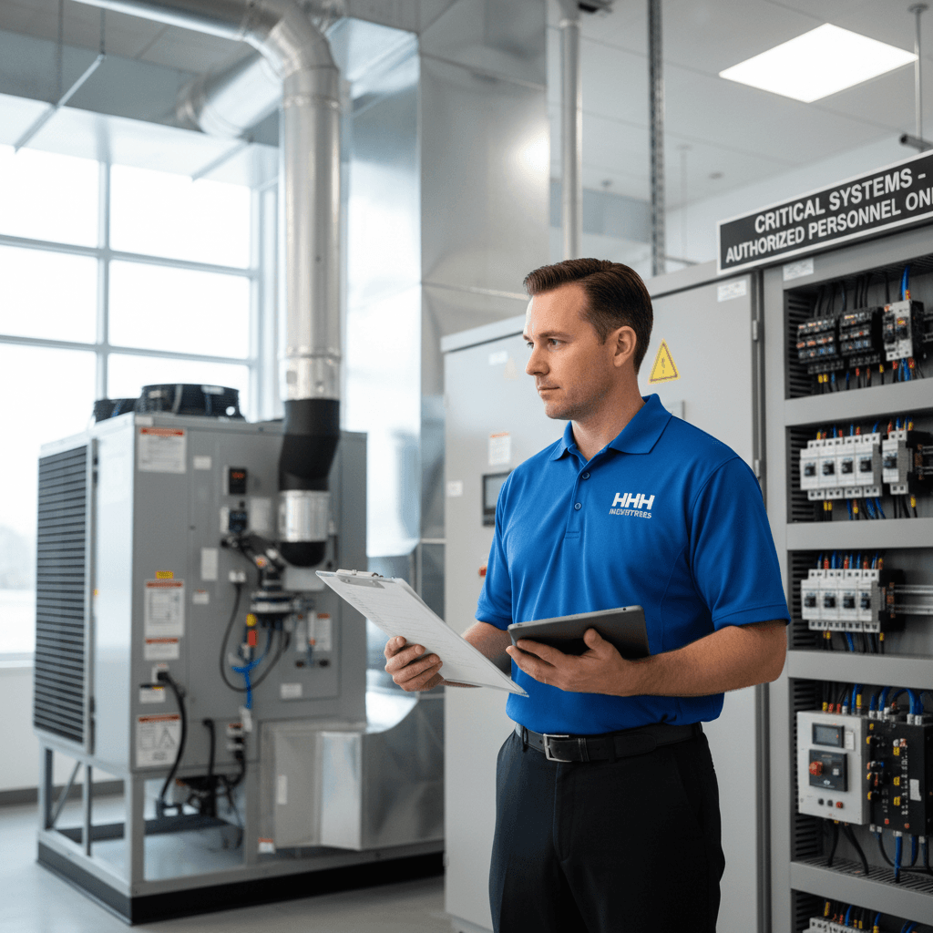 Facilities management professional inspecting HVAC systems in a commercial setting.