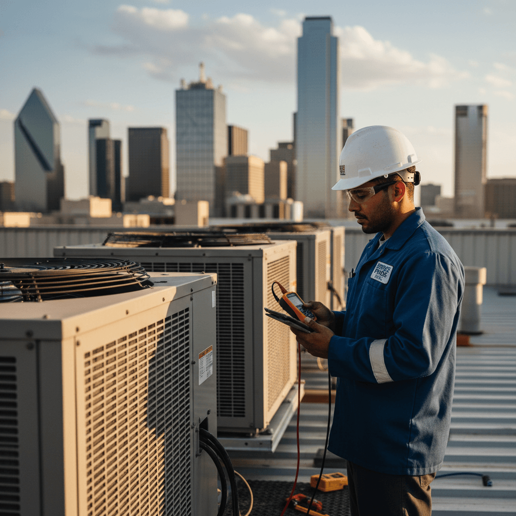 HVAC technician inspecting commercial rooftop equipment