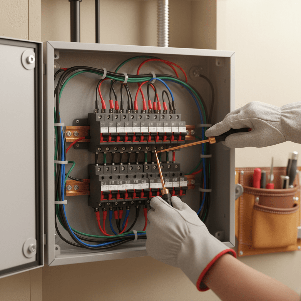 Electrician installing commercial circuit breaker panel