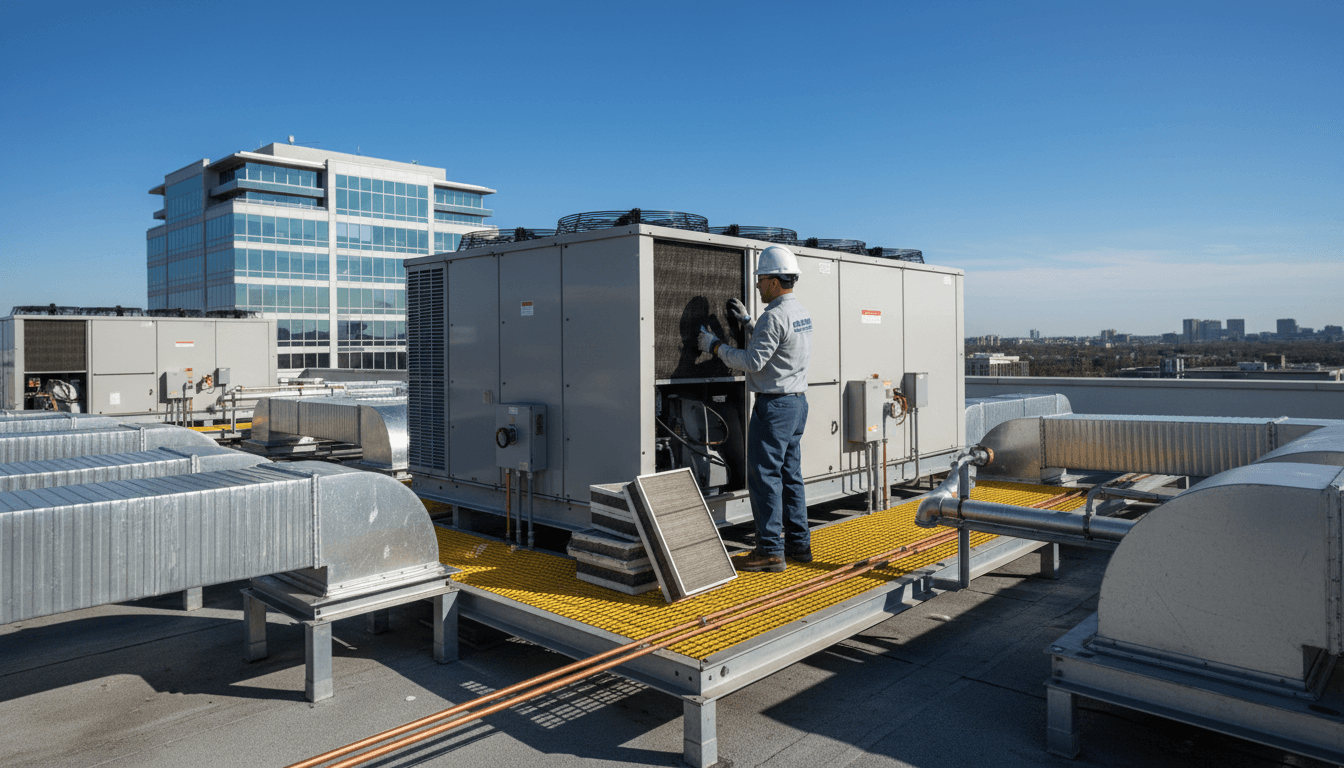 Technician performing maintenance on rooftop HVAC unit