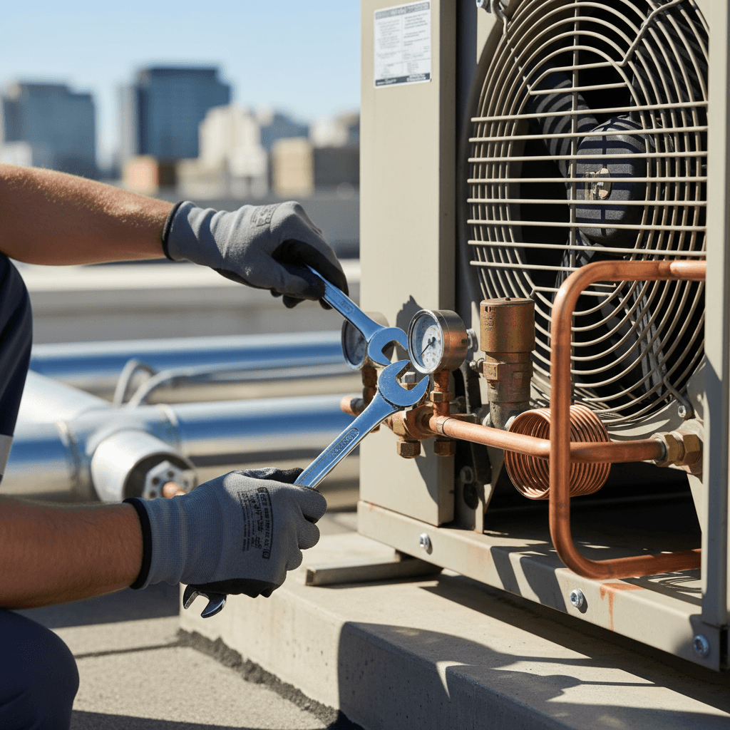 HVAC technician servicing commercial rooftop unit