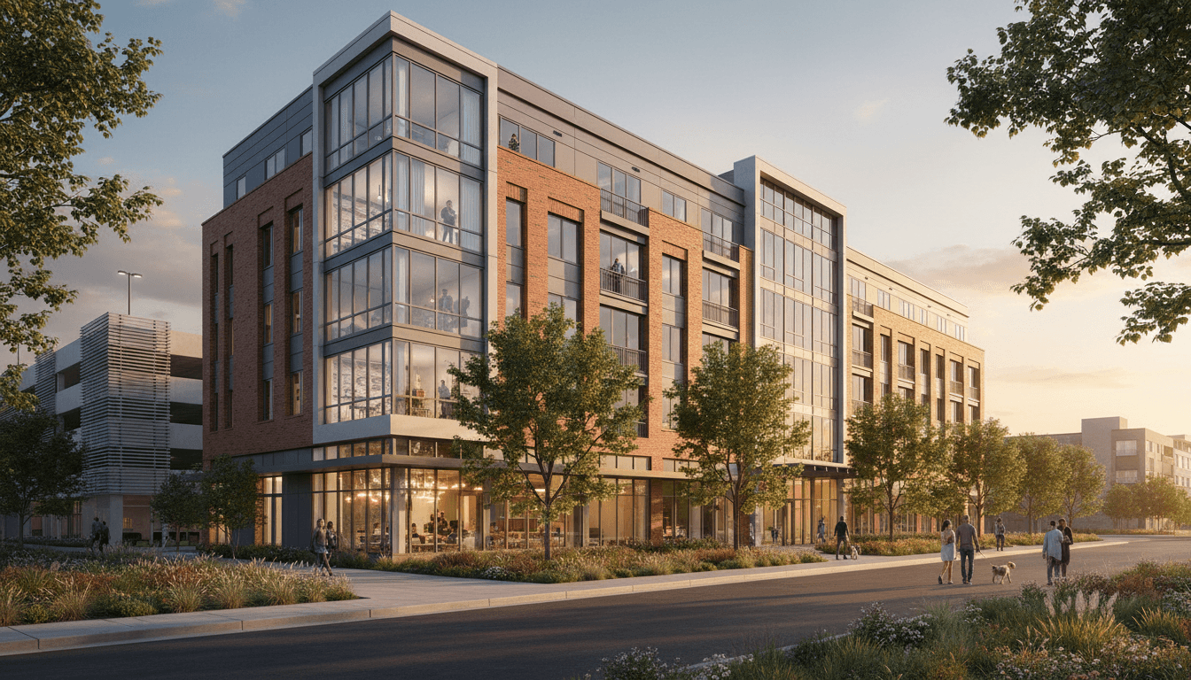 Modern multifamily apartment complex exterior with contemporary architecture, landscaping, and resident activity during golden hour lighting