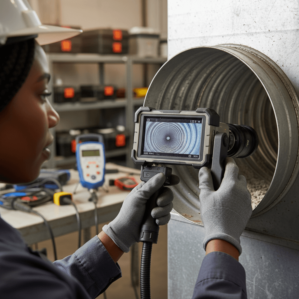 HVAC technician installing ductwork in commercial ceiling