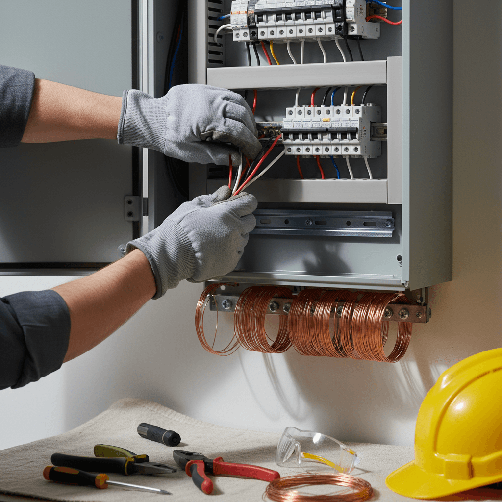 Electrician working on commercial electrical panel installation