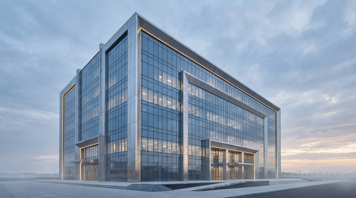 Large commercial office building with integrated HVAC systems