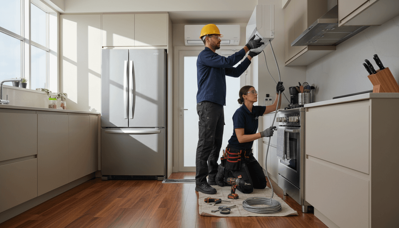 Two technicians servicing commercial refrigeration equipment