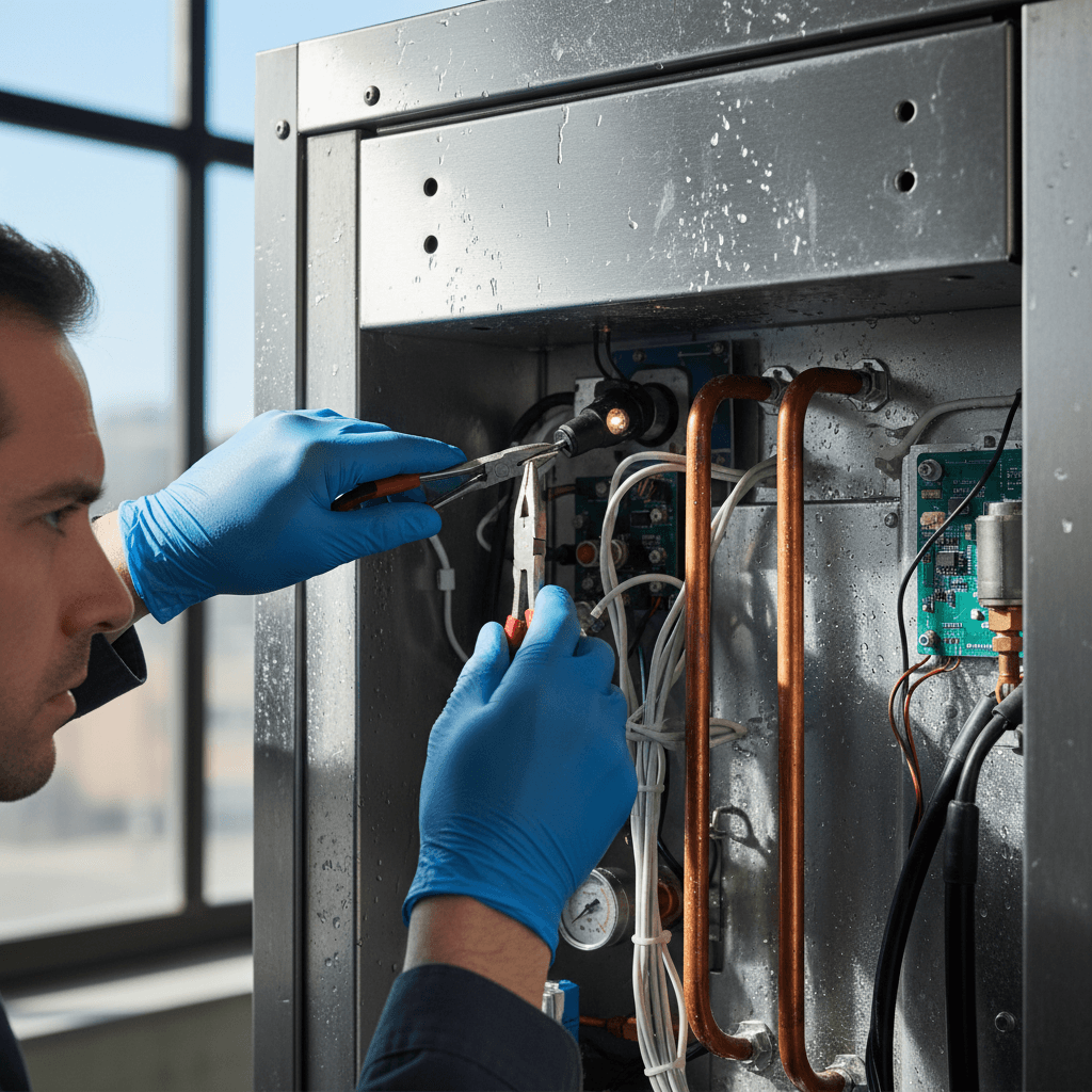 Technician performing commercial refrigeration maintenance