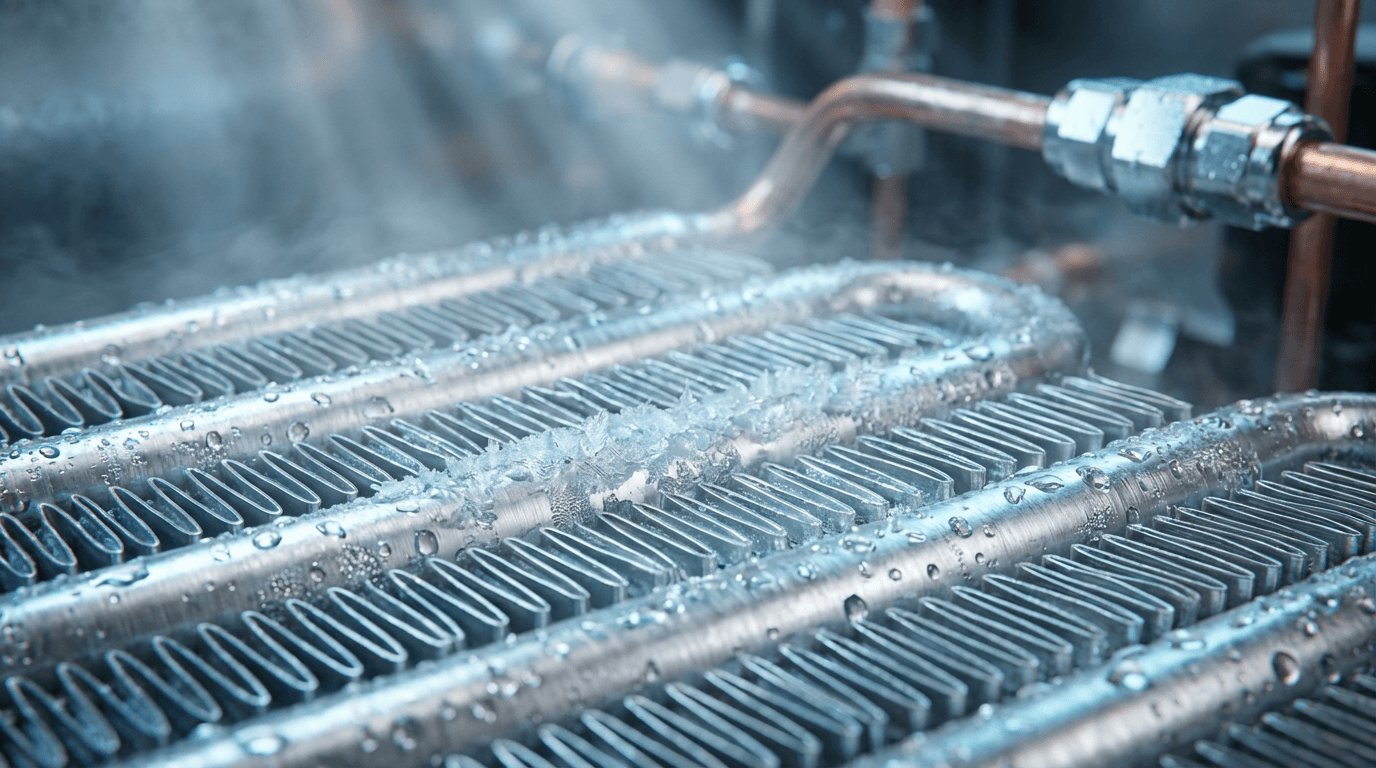 Frost-covered refrigeration coil in macro detail with cold mist rising and blue studio lighting.